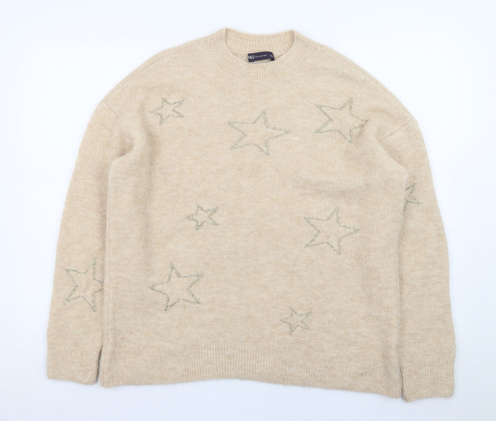 Marks and Spencer Women Beige Star Embroidered Pullover Jumper Size M