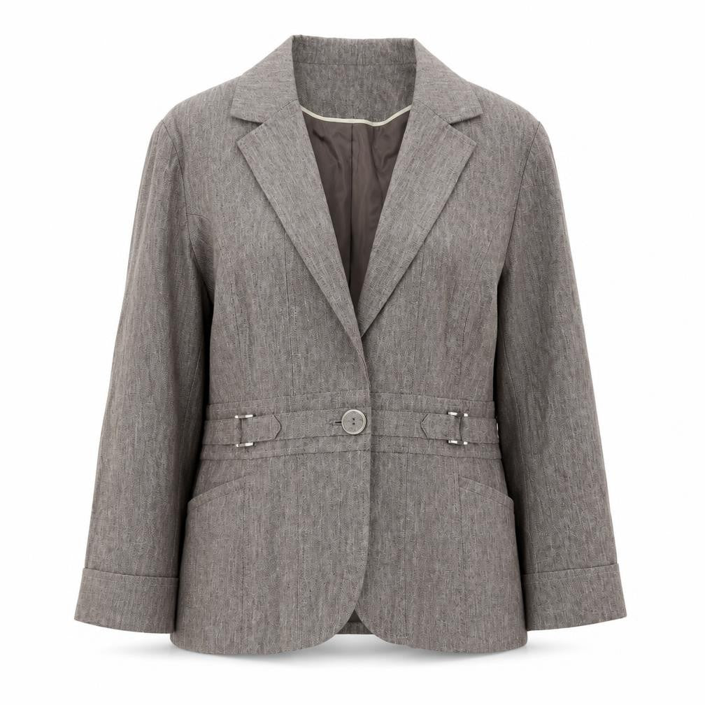 Front view of Bonmarché Women’s Brown Linen Blend Blazer Jacket, size UK 14, Classic Style