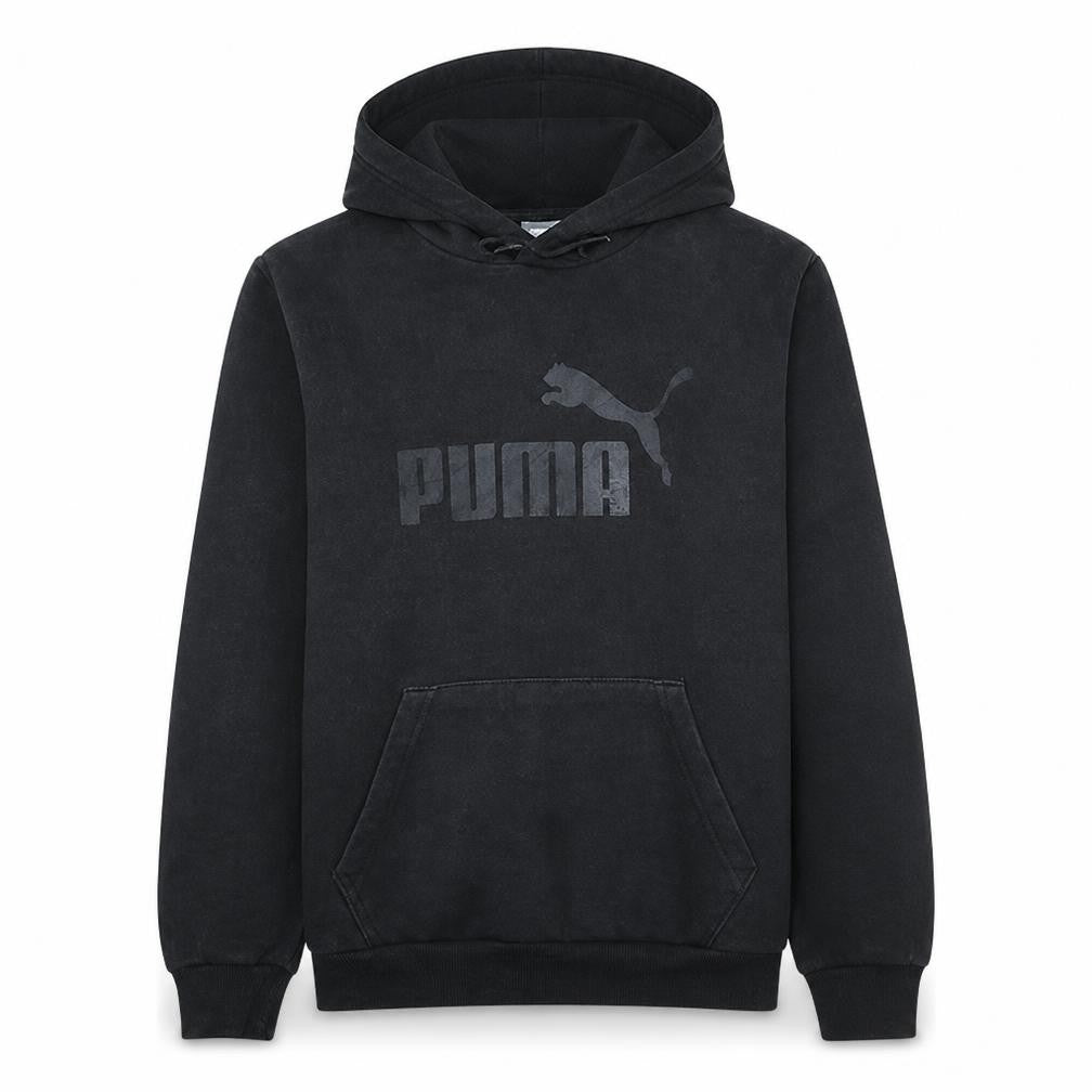 Front view of Puma men’s black pullover hoodie, size M, logo fleece sweatshirt