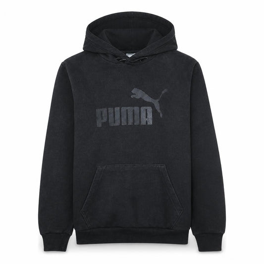 Front view of Puma men’s black pullover hoodie, size M, logo fleece sweatshirt