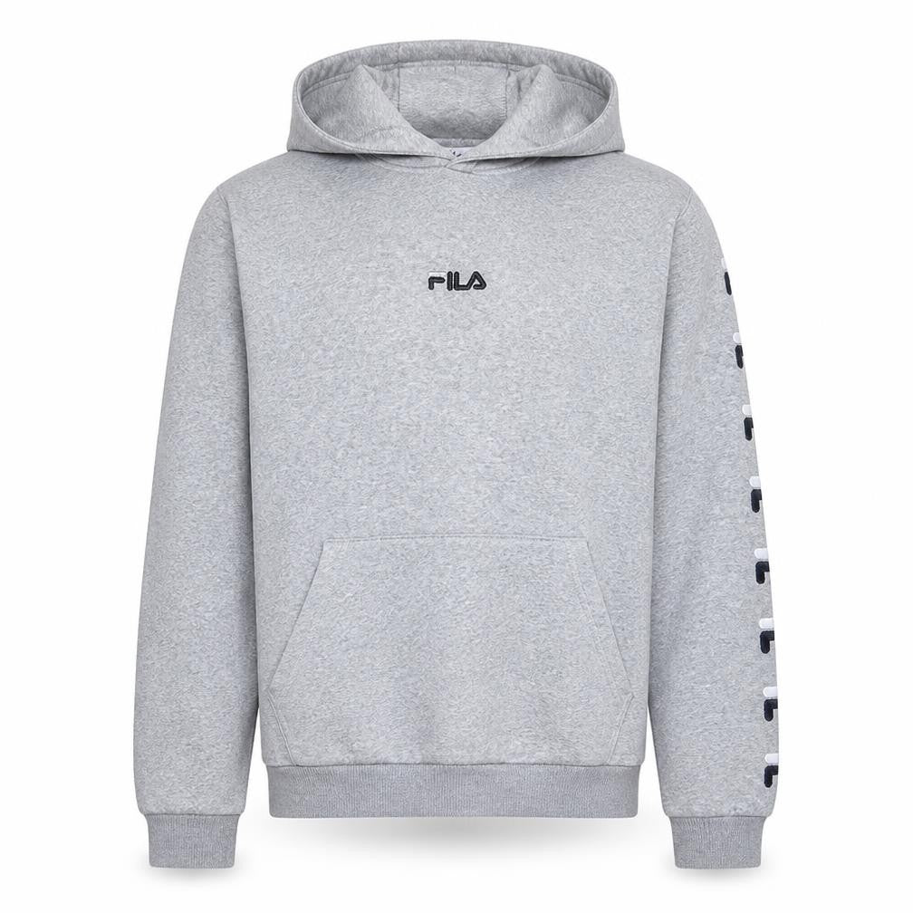 Front view of Fila Men's Grey Hoodie Pullover Sweatshirt M Logo Graphic Cotton Blend