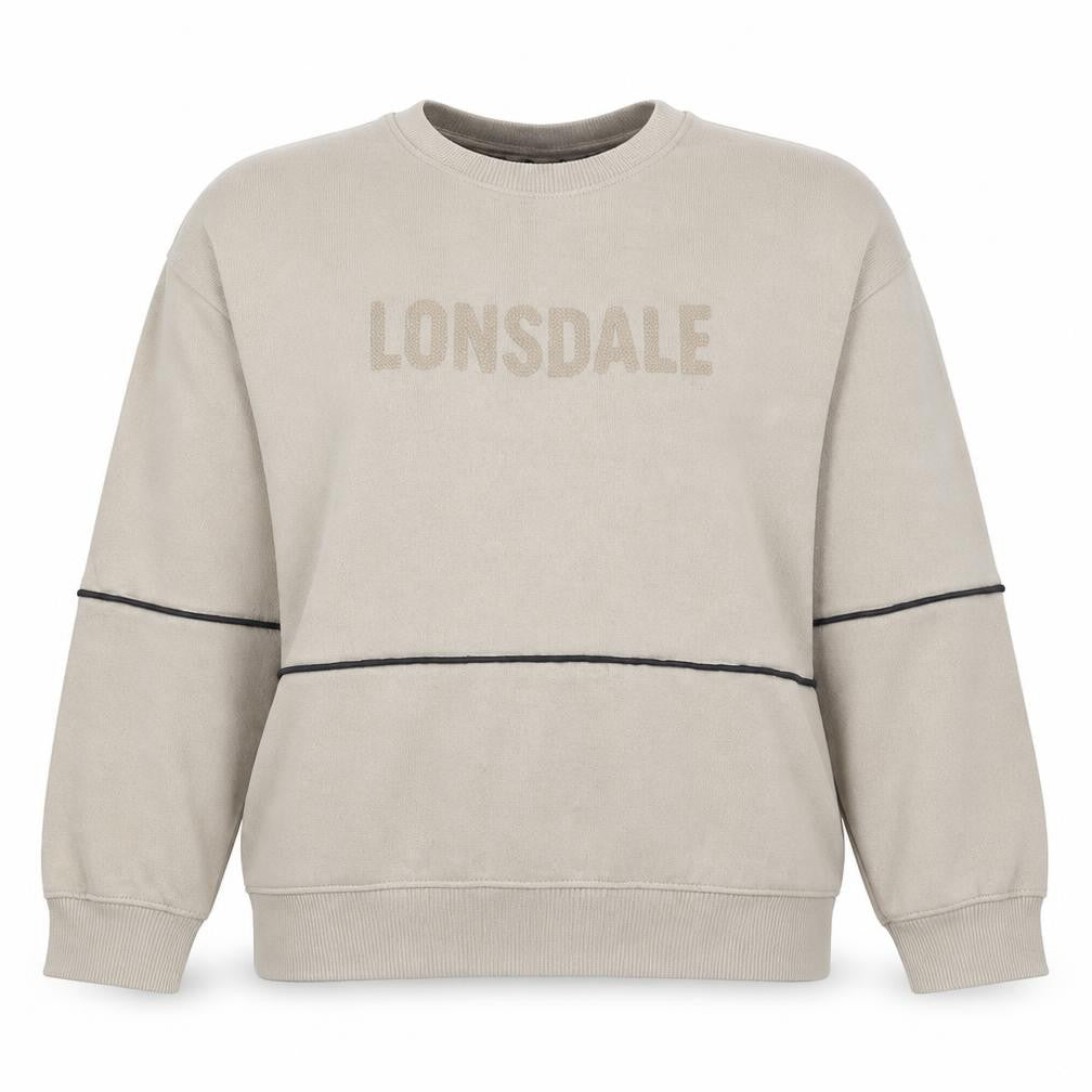 Front view of Lonsdale women’s beige logo pullover sweatshirt, size UK 18