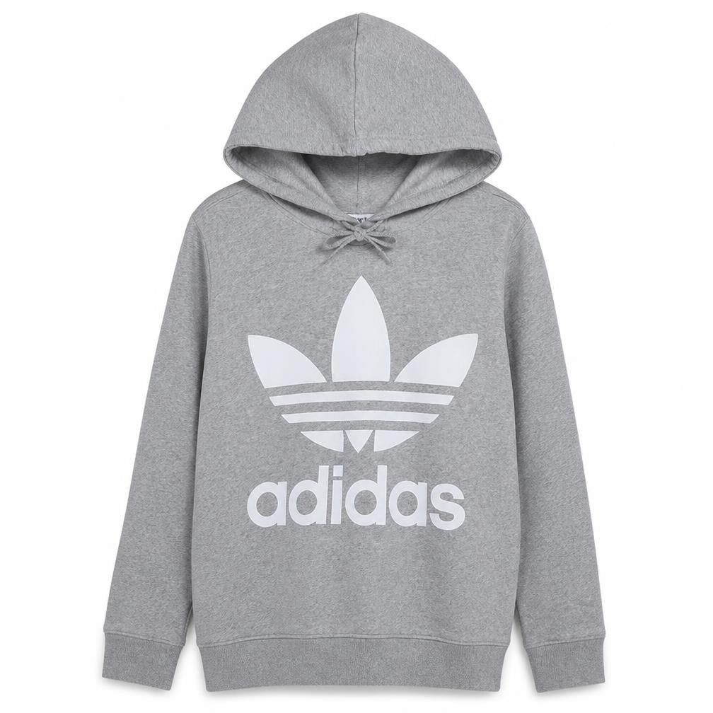 Front view of Adidas women’s grey hooded pullover sweatshirt, size UK 14