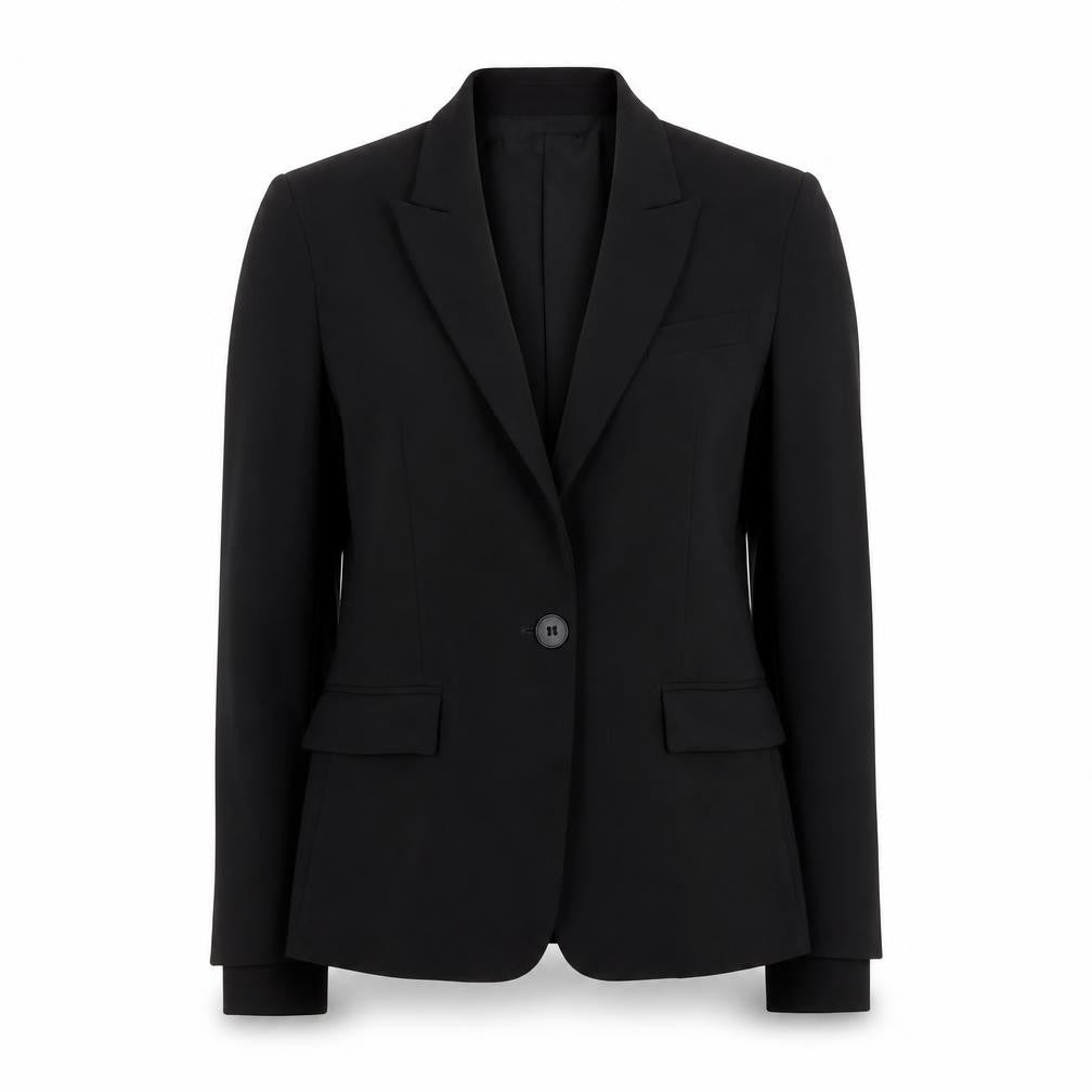 Front view of Theory women’s black wool blend slim fit blazer, size UK 6