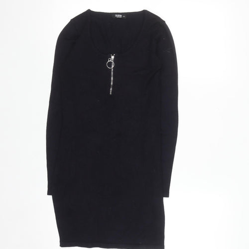 Colloseum Women Black XS Bodycon Knit Dress with Zip Detail