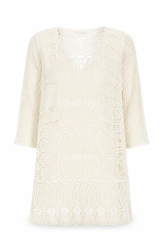Front view of Next Women Ivory Crochet Kaftan Knee Length Dress XL