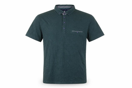 Front view of Steel & Jelly Men's Green Button-Down Collar Short Sleeve Polo Shirt, size S