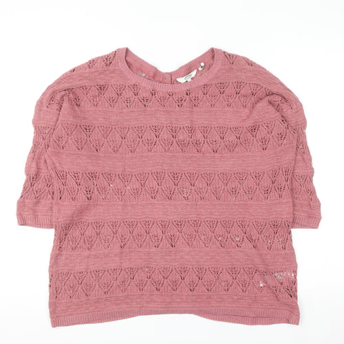 FatFace Women Pink 12 Knit Button Back Short Sleeve Cotton Jumper