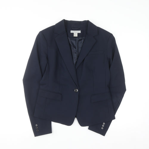 H&M Women's Blue Cotton Blend Fitted Blazer Size 12