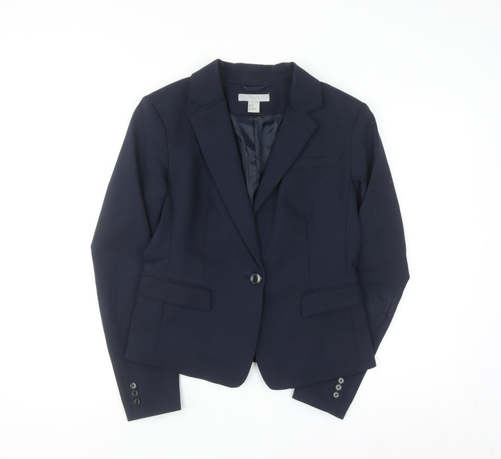H&M Women's Blue Cotton Blend Fitted Blazer Size 12