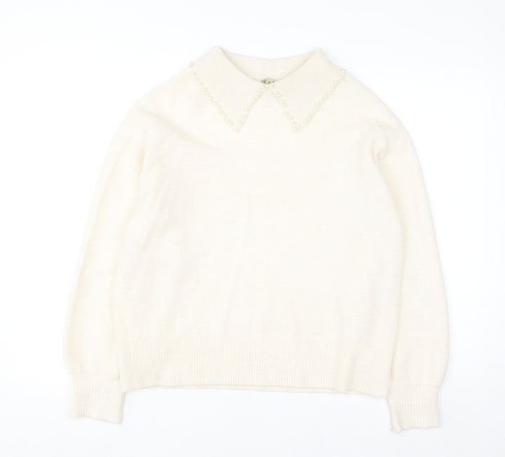 Soyaconcept Women’s Ivory Collared Beaded Pullover Jumper M