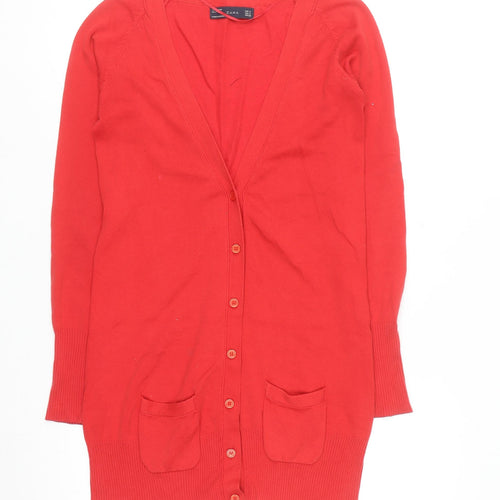 Zara Women Red V-Neck Long Sleeve Knit Cardigan Size S