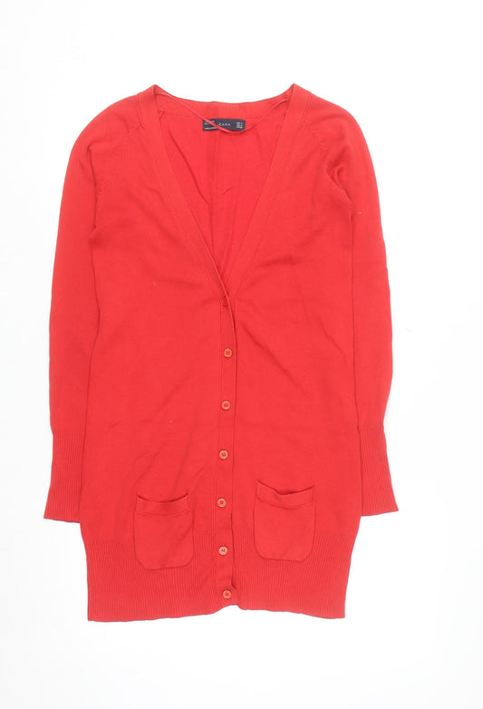 Zara Women Red V-Neck Long Sleeve Knit Cardigan Size S