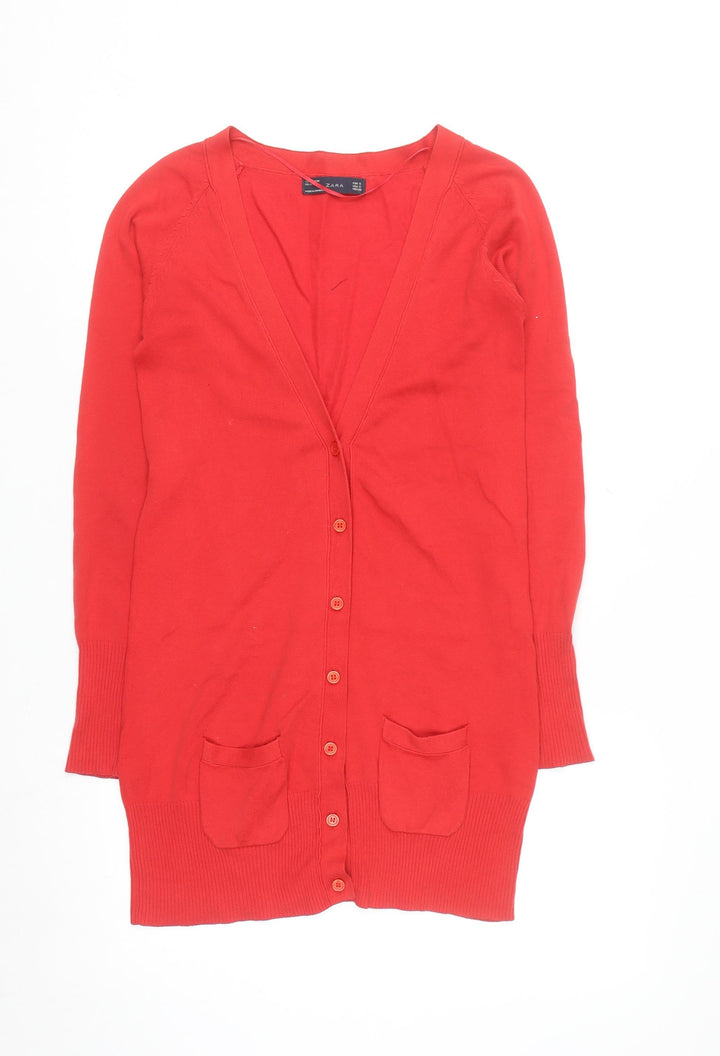Zara Women Red V-Neck Long Sleeve Knit Cardigan Size S
