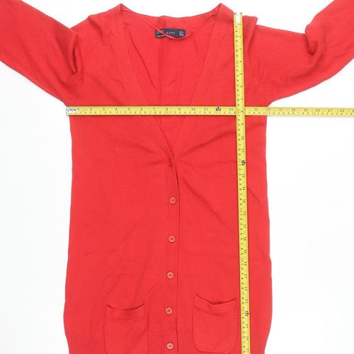 Zara Women Red V-Neck Long Sleeve Knit Cardigan Size S