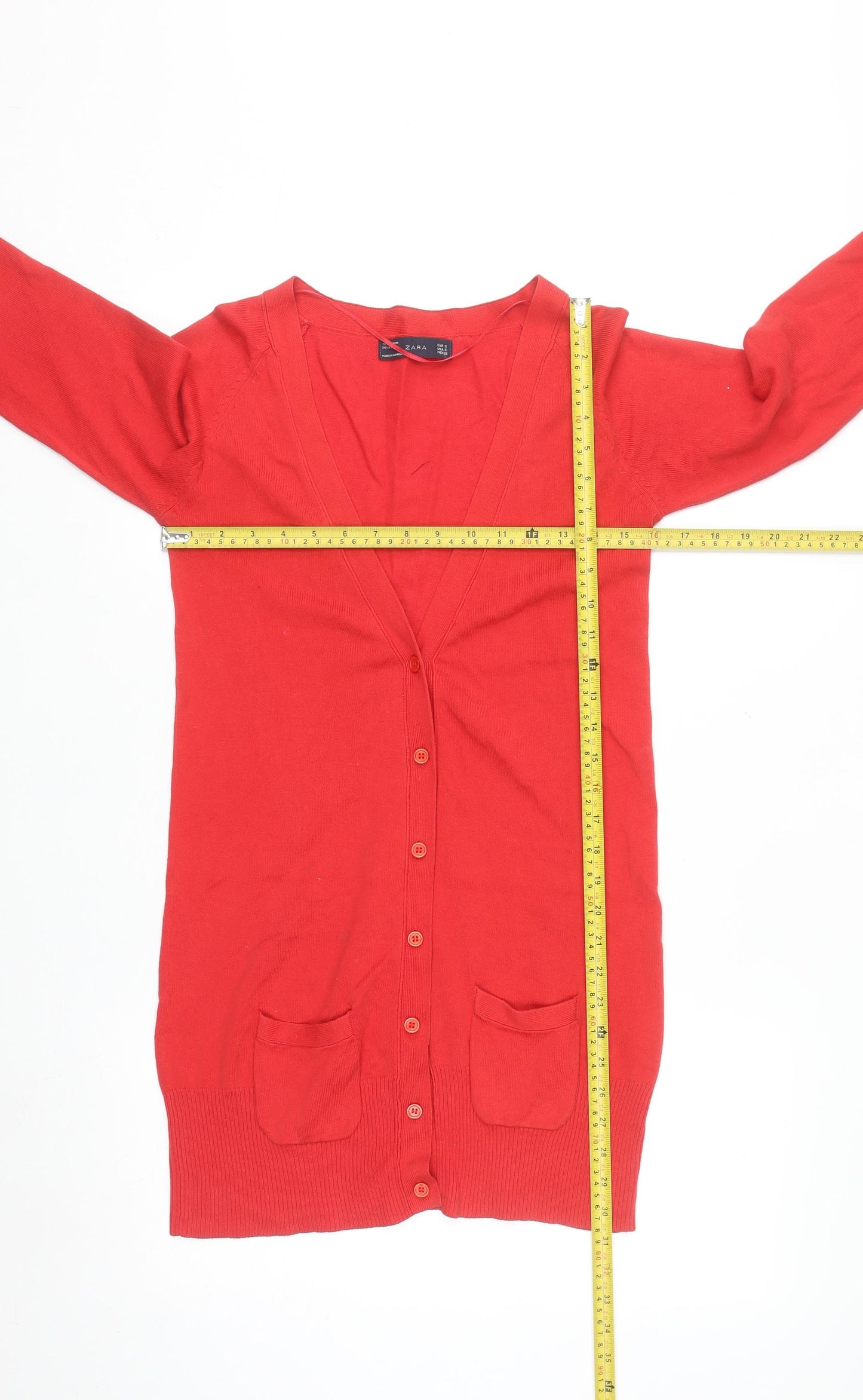 Zara Women Red V-Neck Long Sleeve Knit Cardigan Size S