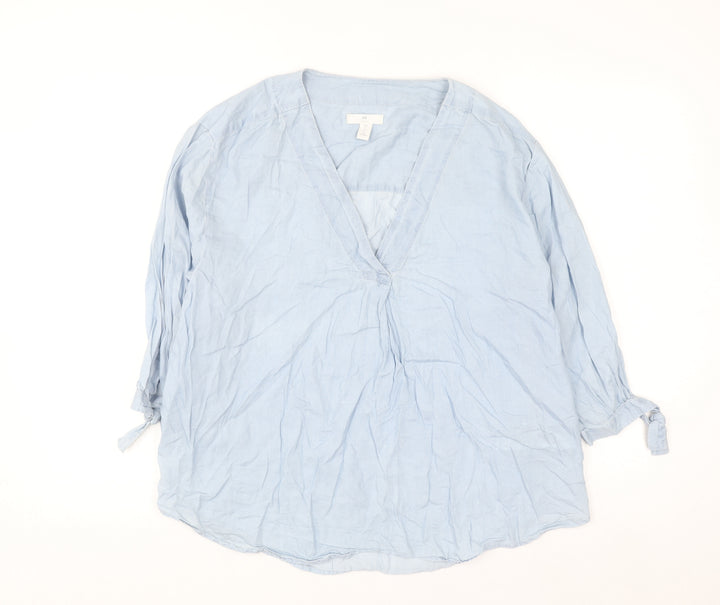 H&M Women’s Blue Cotton Lyocell Tunic Blouse Size S V-Neck 3/4 Sleeve