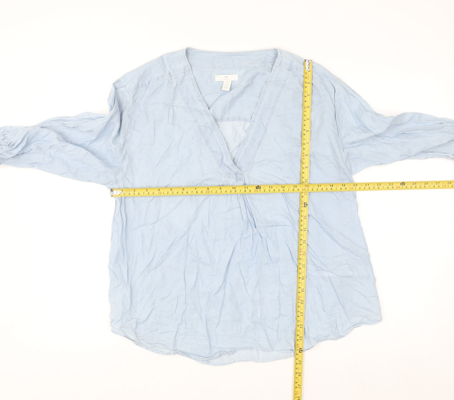 H&M Women’s Blue Cotton Lyocell Tunic Blouse Size S V-Neck 3/4 Sleeve