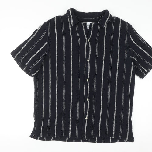 Zara Men Black Striped Cotton Blend Short Sleeve Button-Up Shirt L