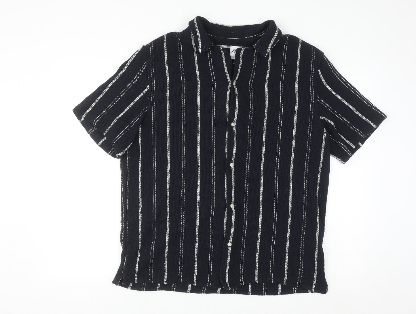 Zara Men Black Striped Cotton Blend Short Sleeve Button-Up Shirt L