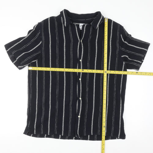 Zara Men Black Striped Cotton Blend Short Sleeve Button-Up Shirt L