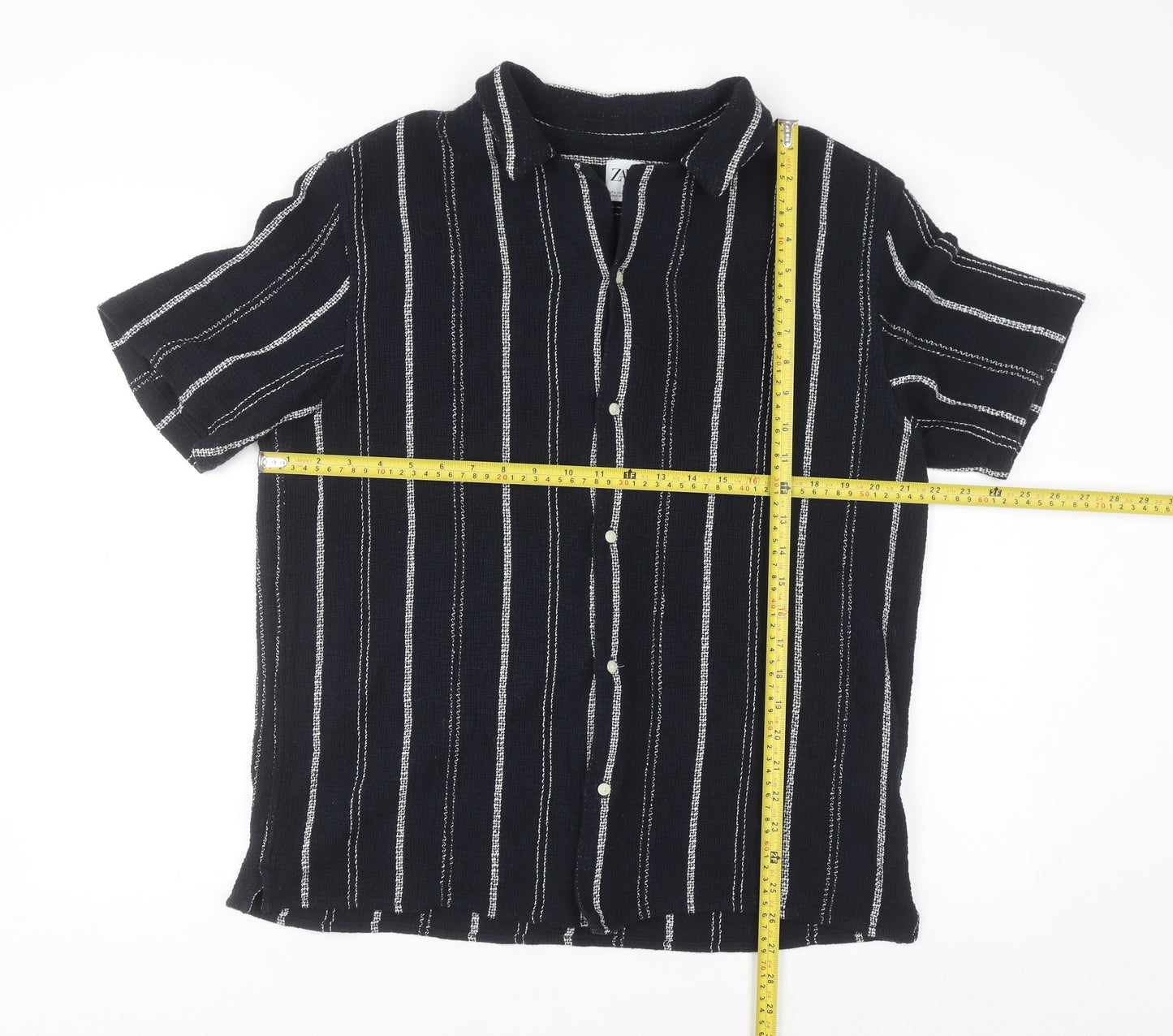 Zara Men Black Striped Cotton Blend Short Sleeve Button-Up Shirt L