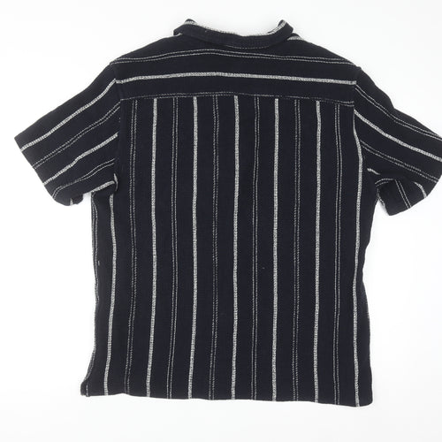 Zara Men Black Striped Cotton Blend Short Sleeve Button-Up Shirt L