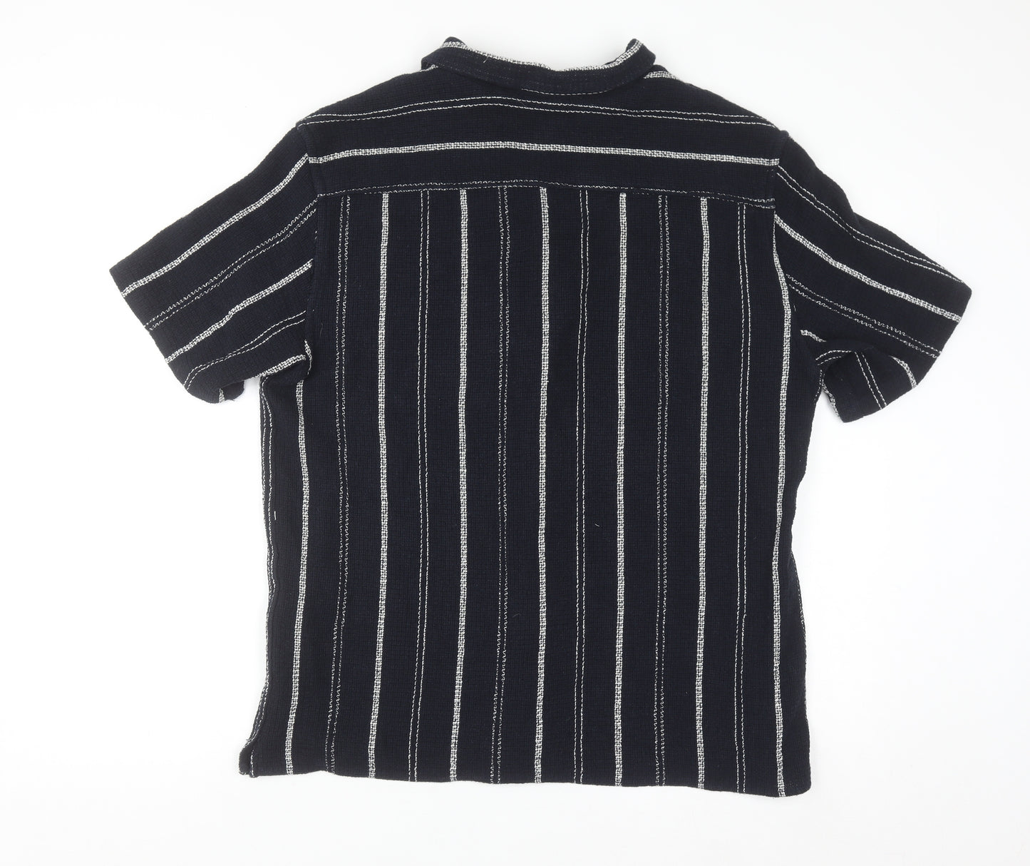 Zara Men Black Striped Cotton Blend Short Sleeve Button-Up Shirt L