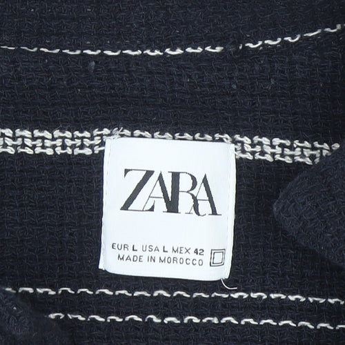 Zara Men Black Striped Cotton Blend Short Sleeve Button-Up Shirt L