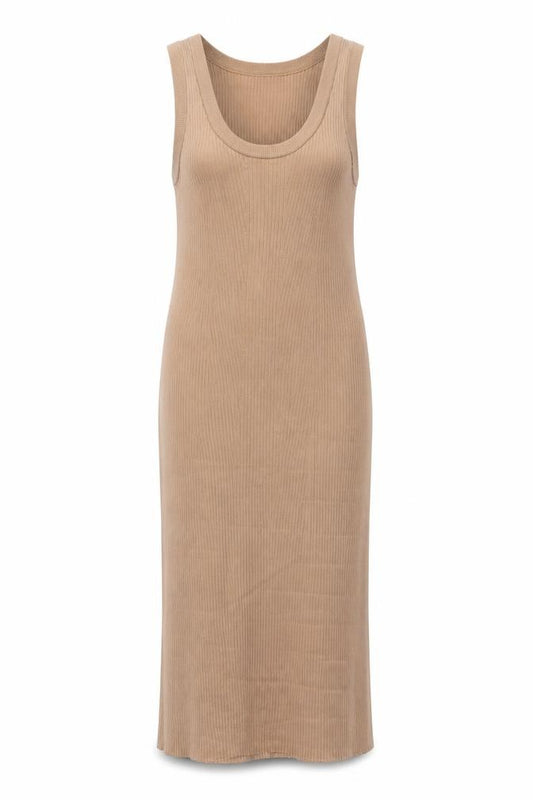 Front view of H&M Women’s Beige Midi Ribbed Tank Dress, size UK 12