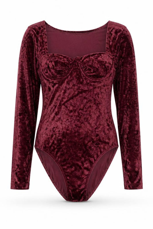 Front view of Intimate Details Women's Red Velvet Long Sleeve Bodysuit, size S