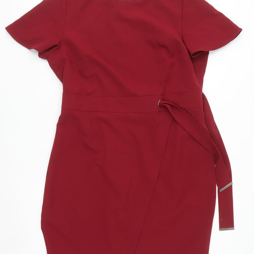 Very Women Red Sheath Belted Knee Length Dress Size 20
