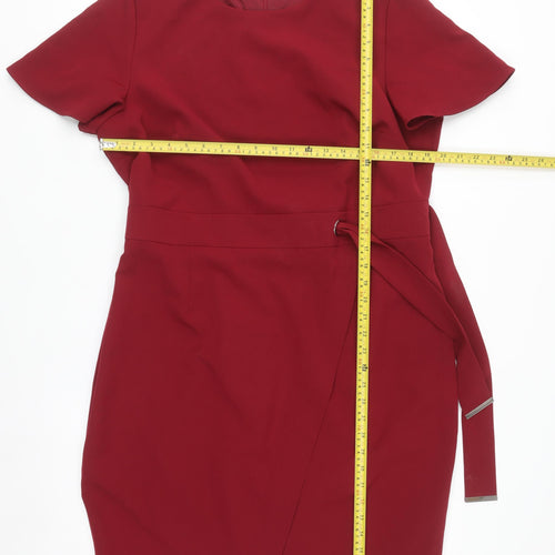 Very Women Red Sheath Belted Knee Length Dress Size 20