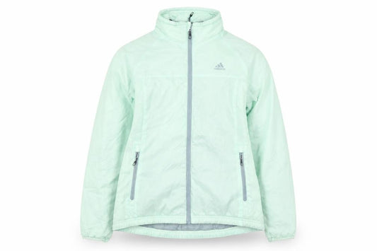 Front view of Adidas women’s green windbreaker jacket, size UK 10, lightweight sportswear