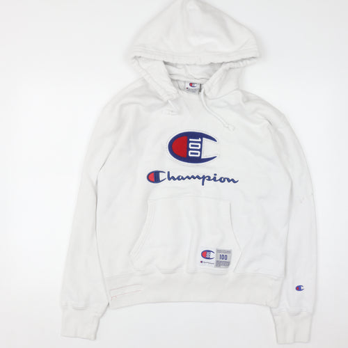 Champion Men's White Pullover Hoodie Medium Embroidered Logo Sweatshirt