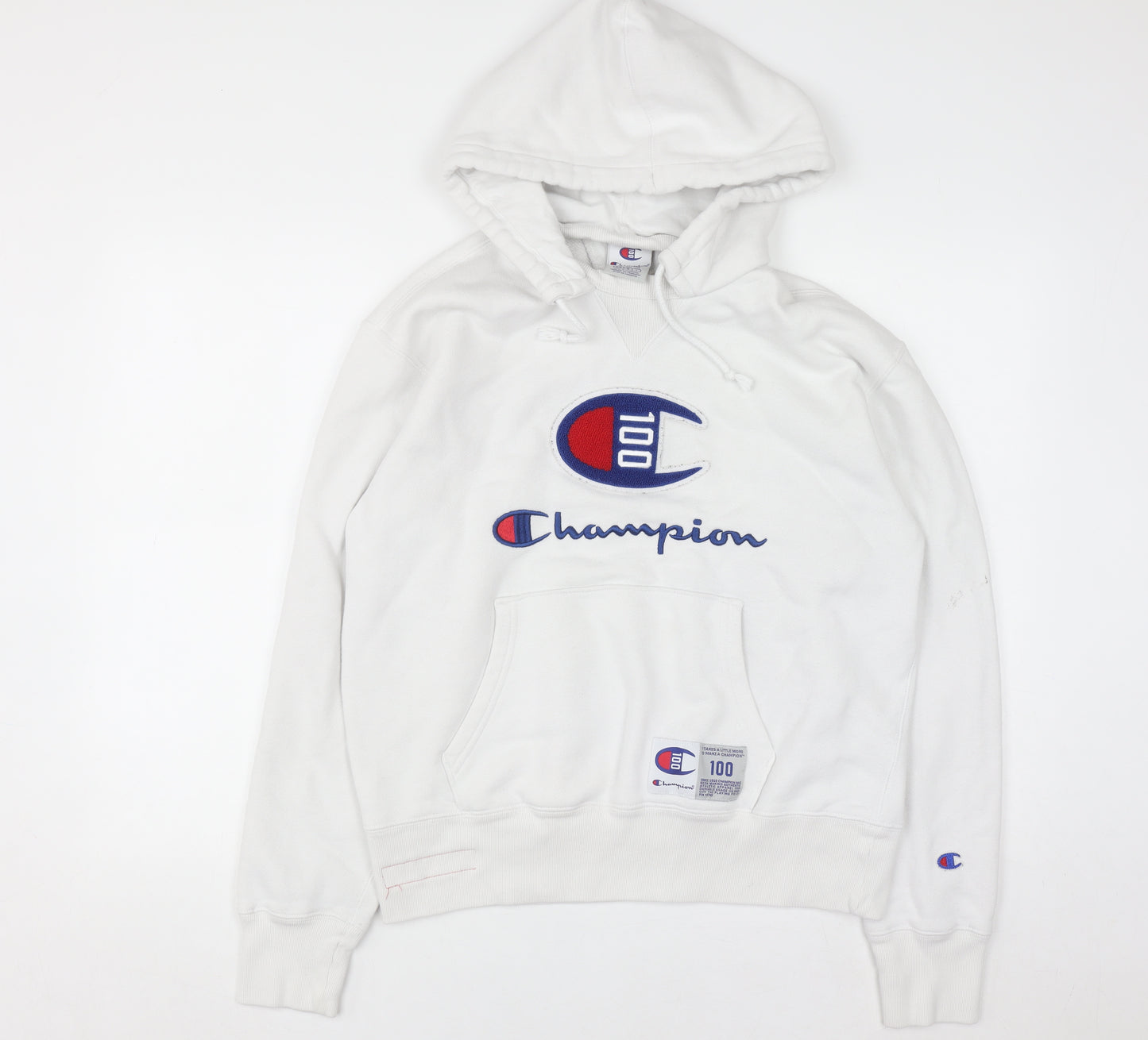 Champion Men's White Pullover Hoodie Medium Embroidered Logo Sweatshirt