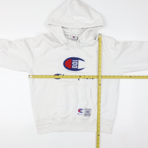 Champion Men's White Pullover Hoodie Medium Embroidered Logo Sweatshirt