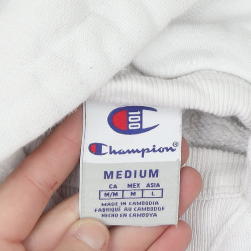 Champion Men's White Pullover Hoodie Medium Embroidered Logo Sweatshirt