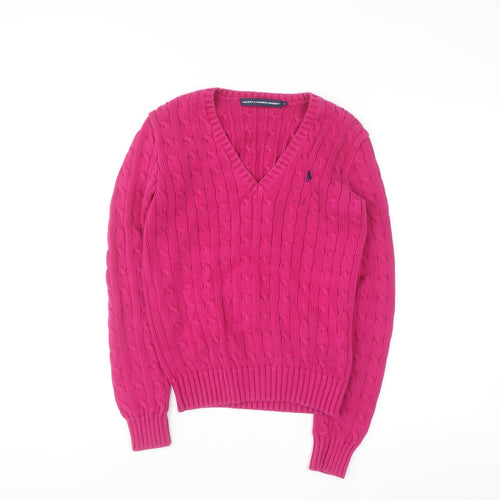 Ralph Lauren Sport Women's Pink Cable-Knit V-Neck Jumper Size S