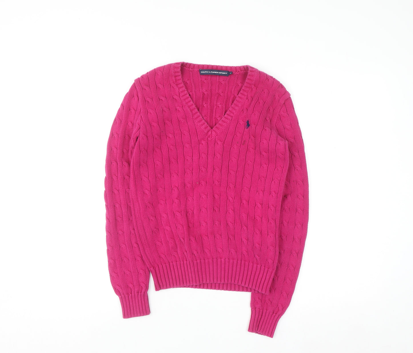 Ralph Lauren Sport Women's Pink Cable-Knit V-Neck Jumper Size S