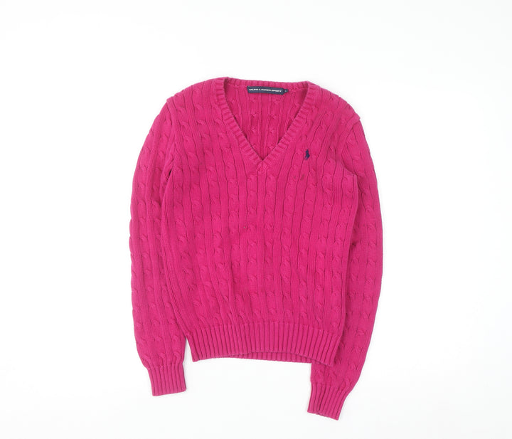 Ralph Lauren Sport Women's Pink Cable-Knit V-Neck Jumper Size S