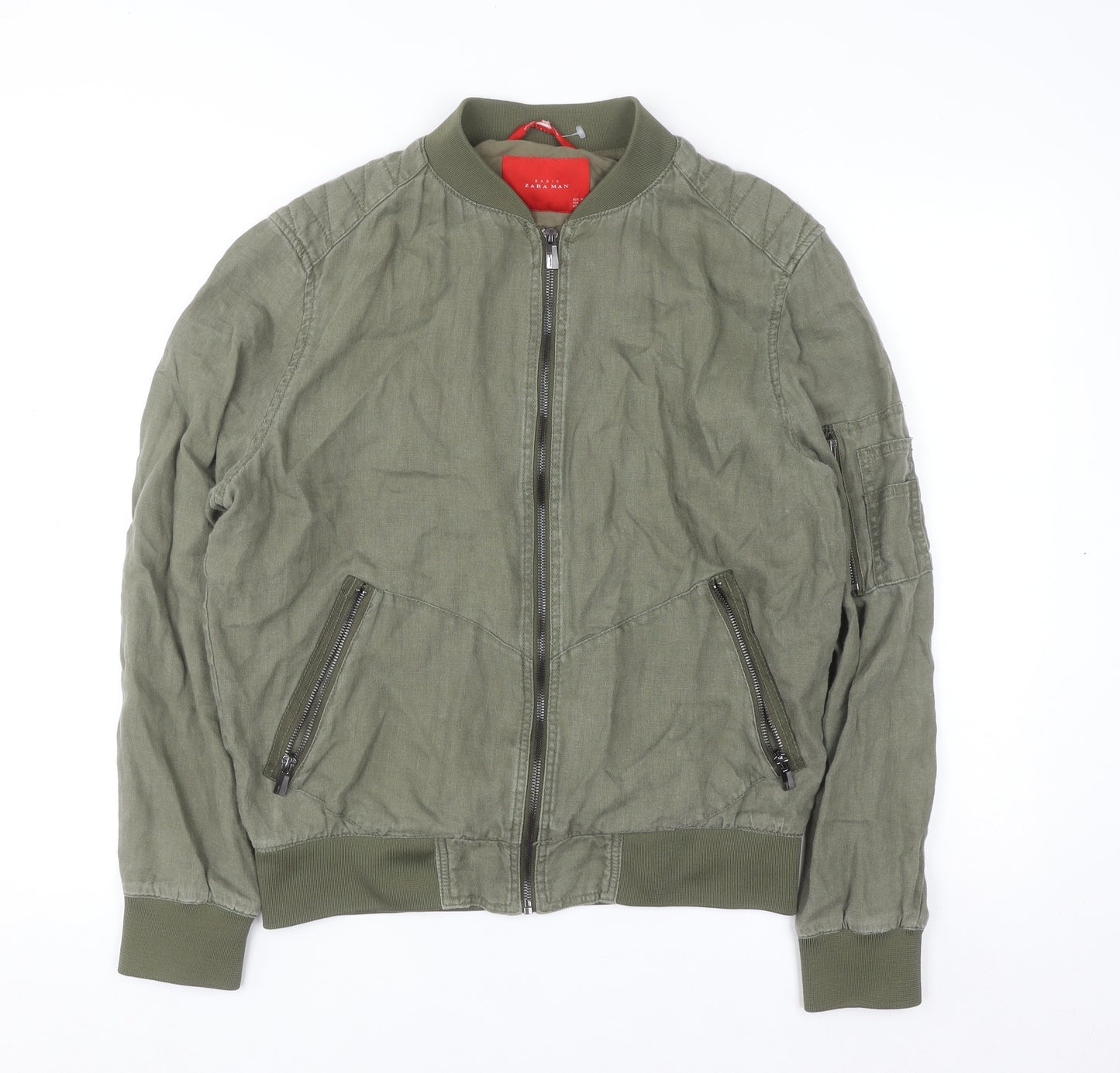 Zara Man Green Linen Bomber Jacket Men’s M Regular Fit