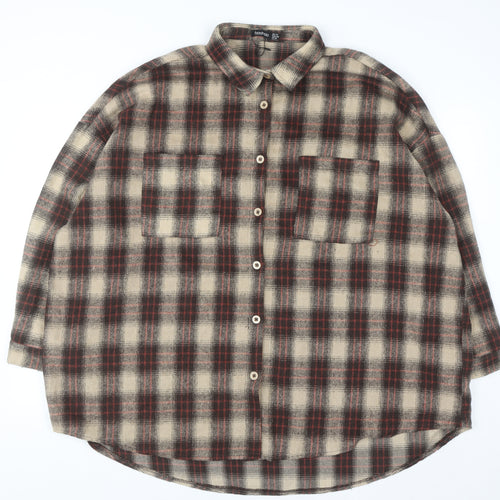 Boohoo Women’s Brown Checked Long Sleeve Flannel Button-Up Shirt UK 14