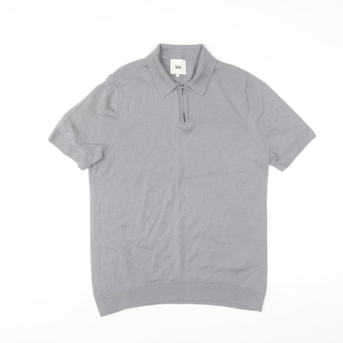 Kin Men Grey Merino Wool 1/4 Zip Short Sleeve Polo Shirt M