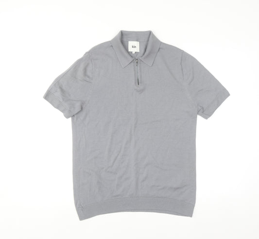 Kin Men Grey Merino Wool 1/4 Zip Short Sleeve Polo Shirt M