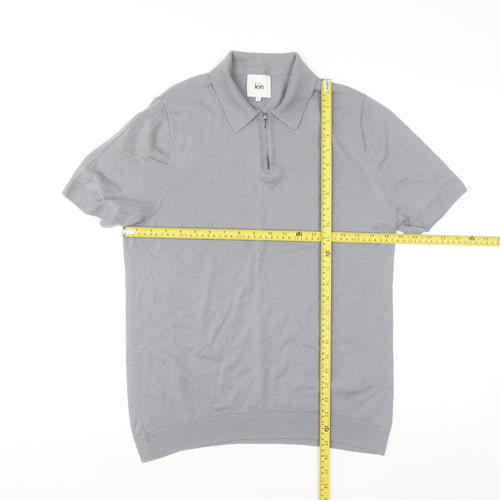Kin Men Grey Merino Wool 1/4 Zip Short Sleeve Polo Shirt M