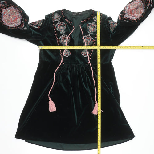 Zara Women Green Velvet Bohemian Embroidered Long Sleeve Short Dress S