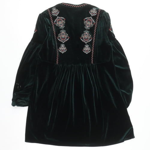 Zara Women Green Velvet Bohemian Embroidered Long Sleeve Short Dress S