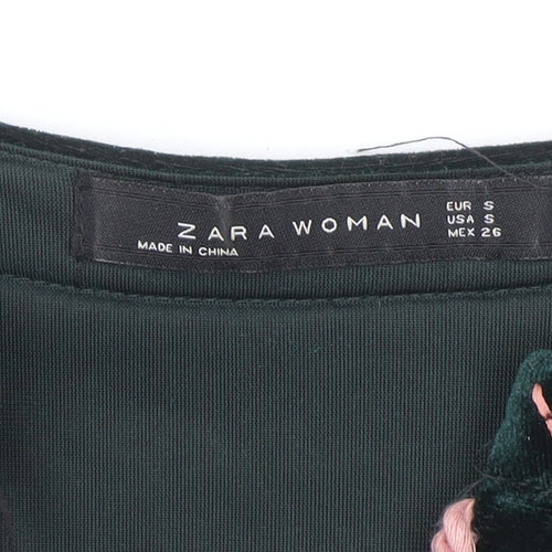 Zara Women Green Velvet Bohemian Embroidered Long Sleeve Short Dress S