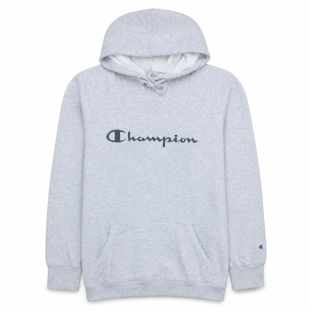 Front view of Champion Men's Grey Pullover Hoodie L Logo Fleece Sweatshirt